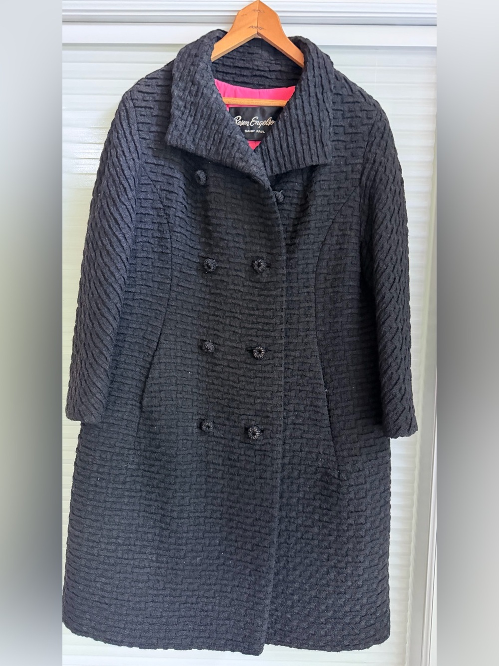 Vintage 60s Heavy Waffle Knit Wool Trench Coat w/ Hot Pink Satin Lining 🖤💗